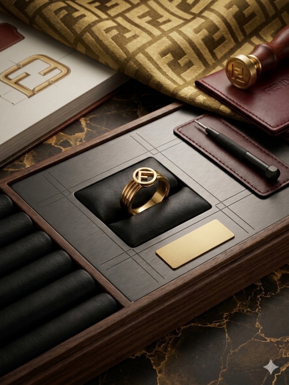 Stainless Steel Gold-F Signet Ring on Black Cushion